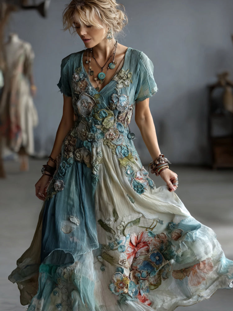 Vintage Gradient Blue Floral Embroidered Linen V Neck Maxi Dress