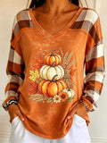 Women's Autumn Collection Printed V-Neck Long-Sleeve T-Shirt