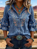 Women'S Retro Printed Casual Ruffled Collar Shirt