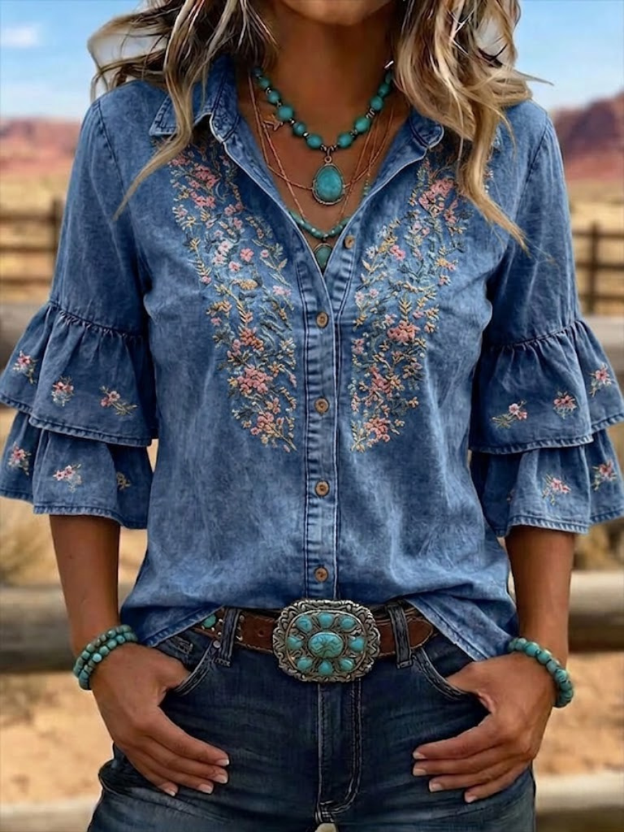 Women'S Retro Printed Casual Ruffled Collar Shirt