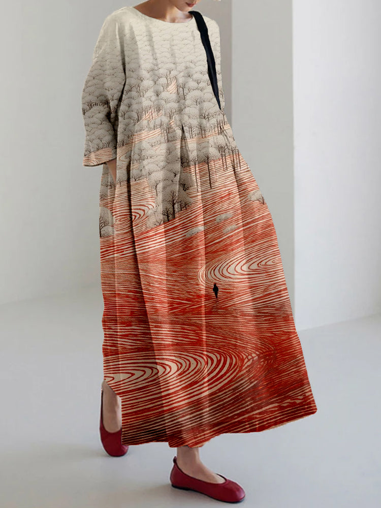 Vintage Zen Garden Art Pattern Linen Blend Maxi Dress