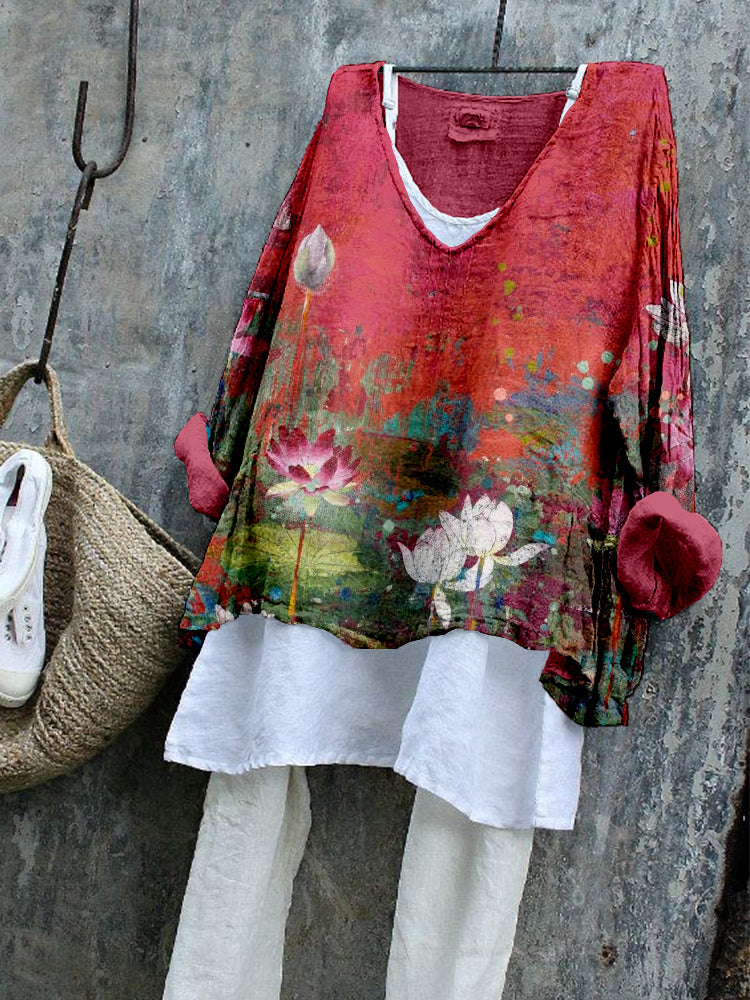 Vintage Lotus Flower Art Linen Blend Cozy Tunic