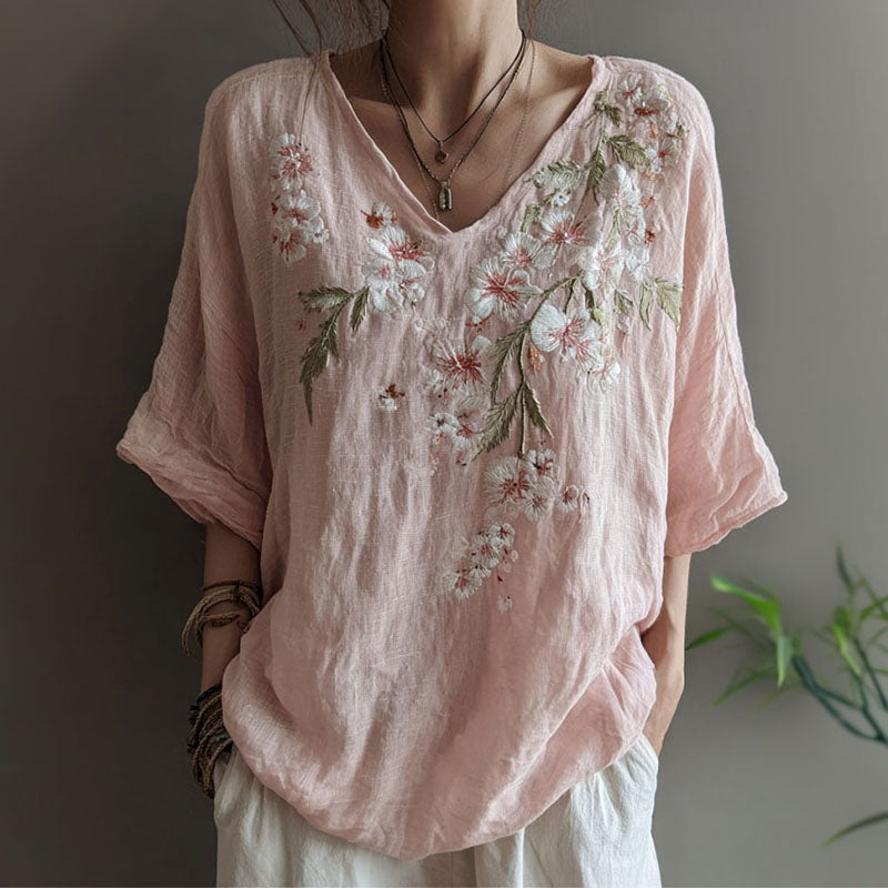 Women's Floral Art Print Linen Blend T-shirt