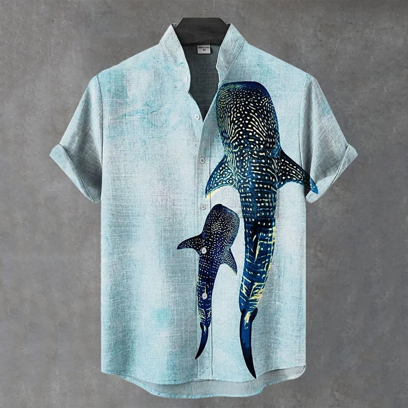 Men's Vintage Ocean Whale Art Print Casual 100% Cotton Shirt