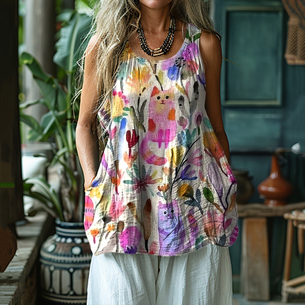 Women's Colorful Floral And Cat Art Vest