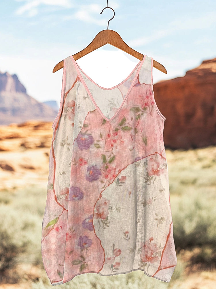 Women's Vintage Floral Patch Cotton And Linen Sleeveless Tank Top