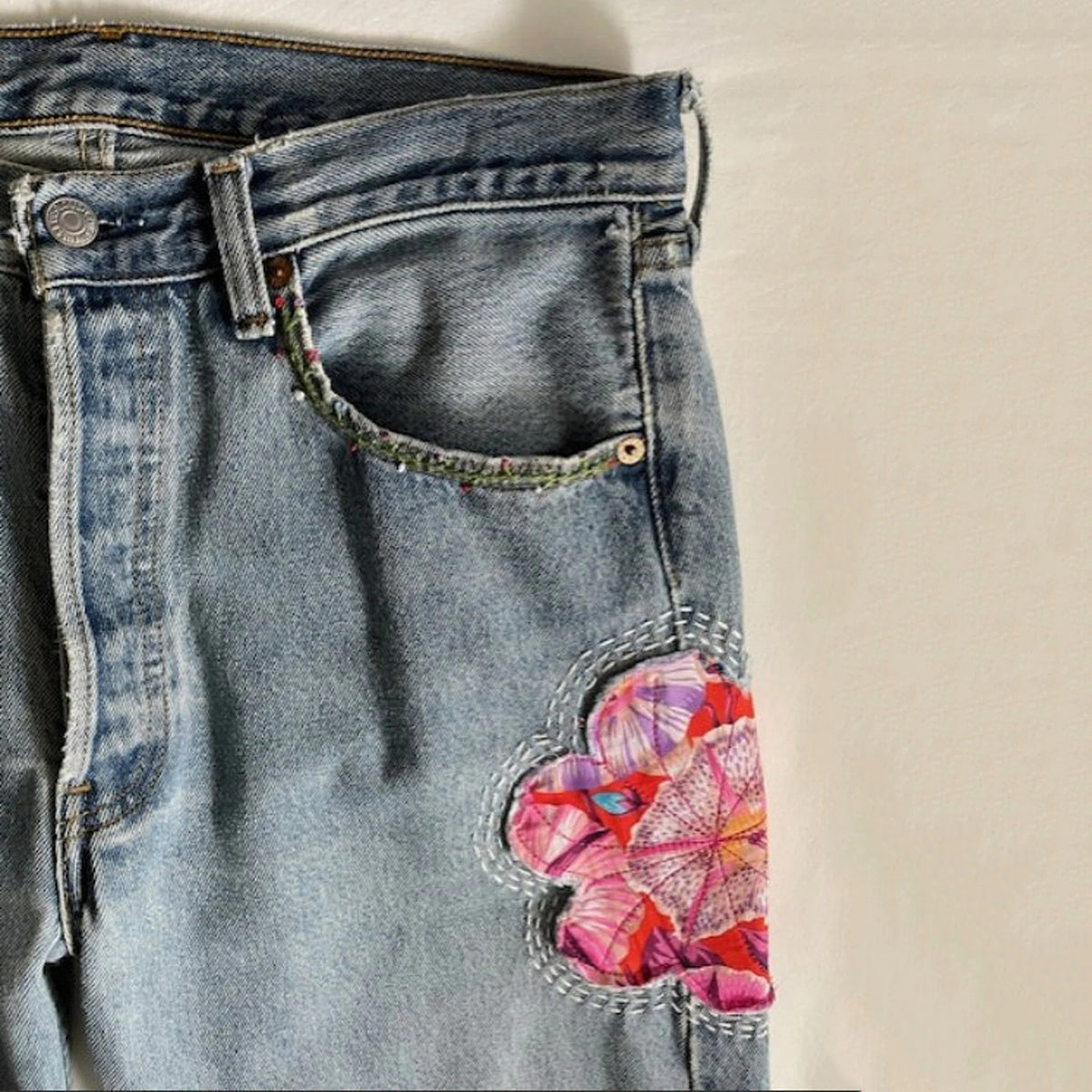 Vintage Japanese Sakura Applique Embroidery Art Design Jeans
