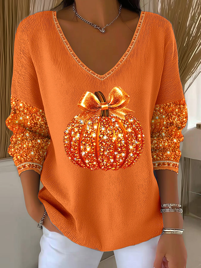 Women's Sequined Pumpkin Print Knit V-Neck Top