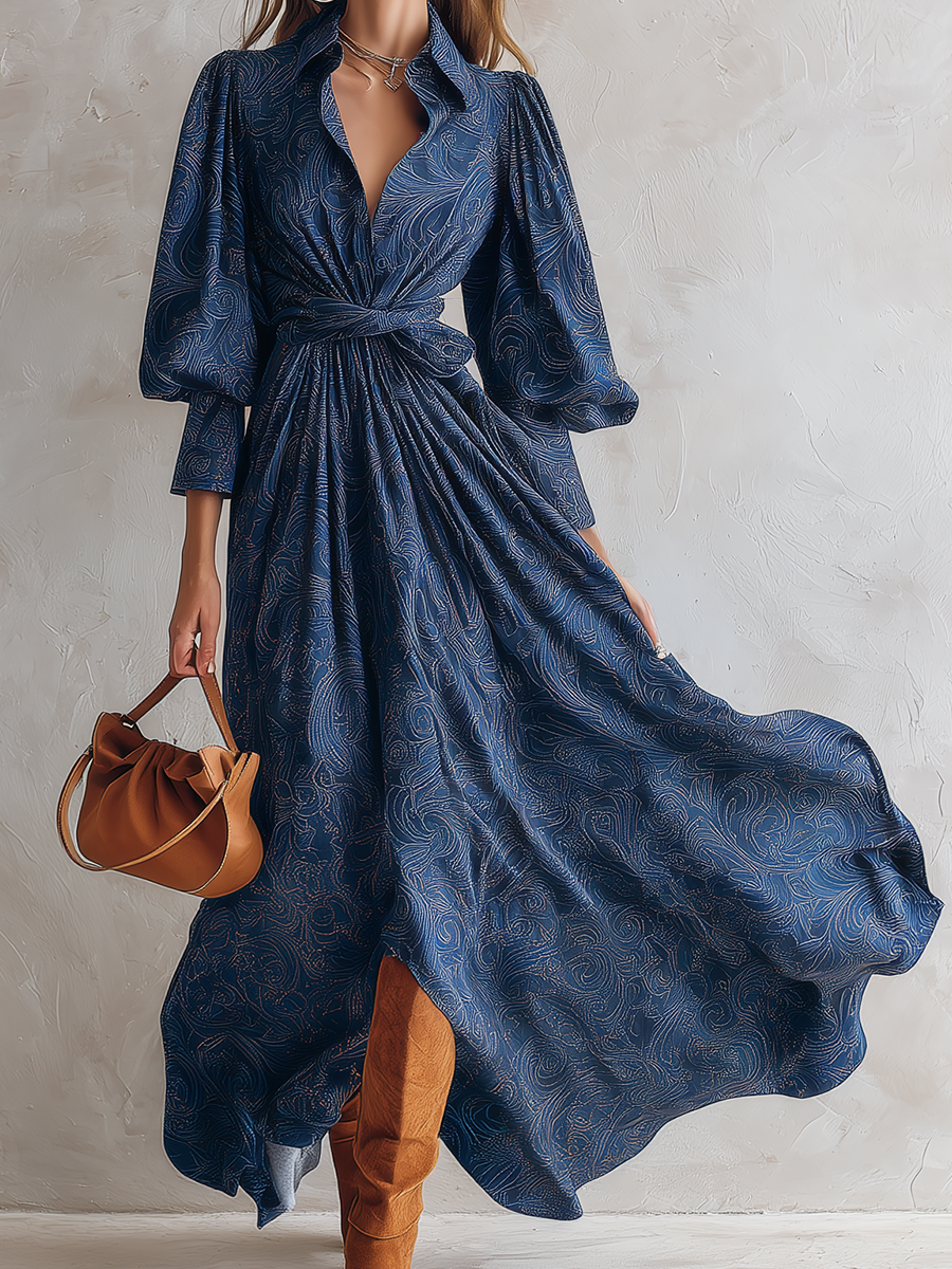 Blue Swirl Print Shirt Dress With Puff Sleeves