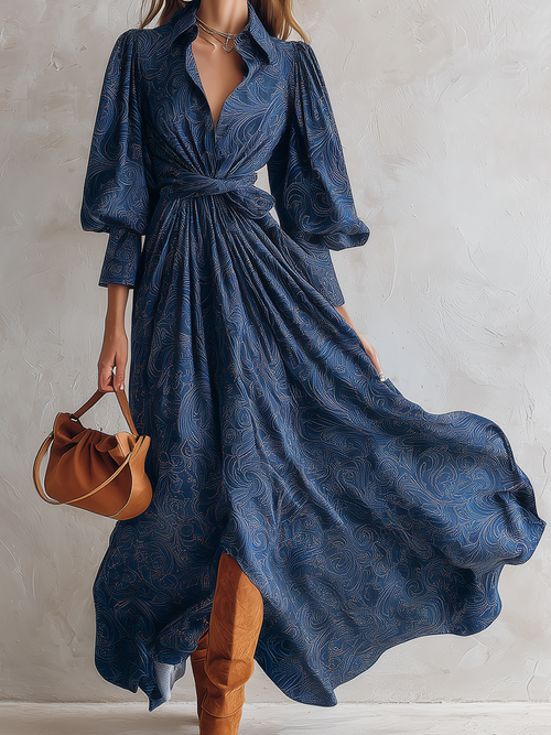Blue Swirl Print Shirt Dress With Puff Sleeves