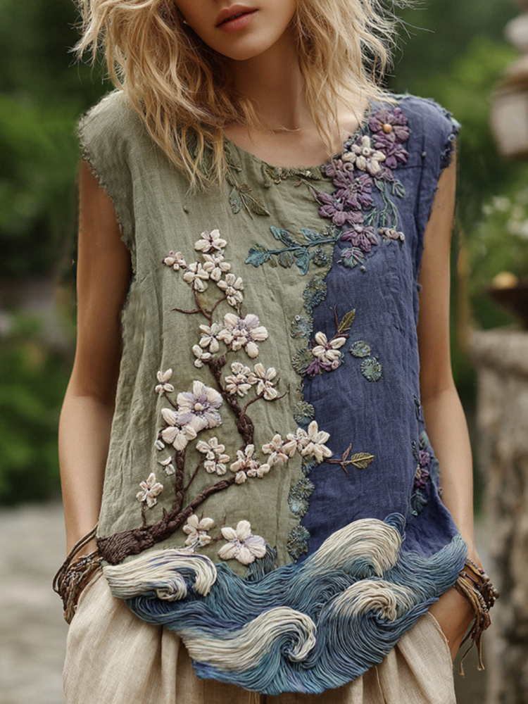 Classy Gradient Japanese Sakura Cherry Blossoms And Sea Wave Embroidered Pattern Linen Tank Top