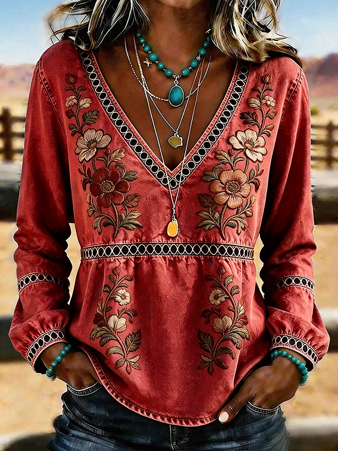 Women's Western Vintage Floral Print Casual V-Neck T-Shirt