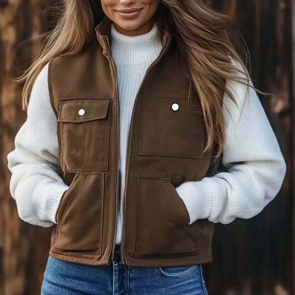 Women's Vintage Multi-Pocket Stand Collar Vest