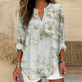 Daisy Floral Embroidery Women's Linen V-neck Long Sleeve Shirt