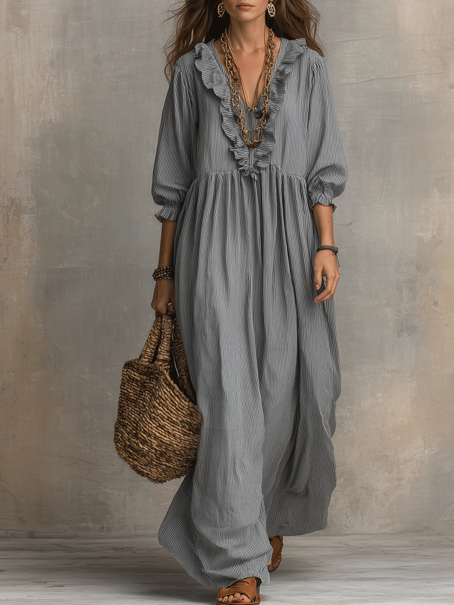 Bohemian Ruffle-Trim Flowy Maxi Dress