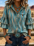 Women'S Gradient Printed Double Pleated Bell Shaped Sleeve Button Up Shirt