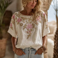 Elegant Romantic Rose Floral Art Linen Blend Short Sleeve Top