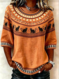 Women's Casual Orange Geometric Black Cat Print Top for Autumn