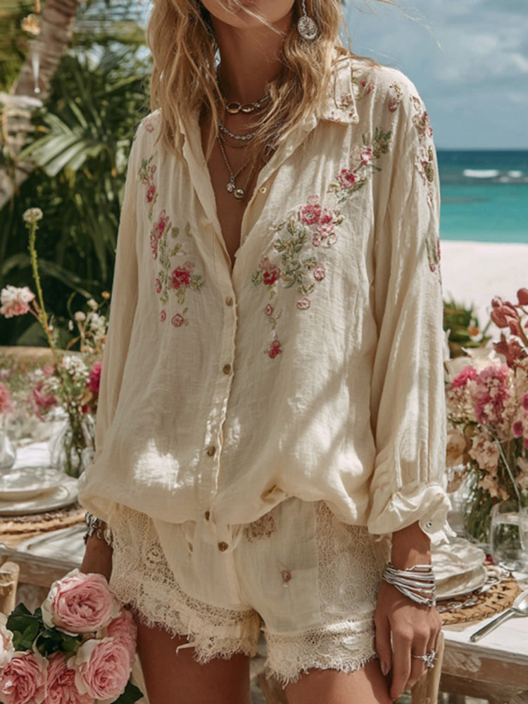 Vintage Floral Embroidery Pattern Art Linen Comfy Button Shirt