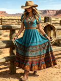 Women's Western Vintage Linen-Blend Maxi Dress