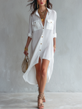 Casual White Front Buttoned Shirt Dress With A High Low Hem