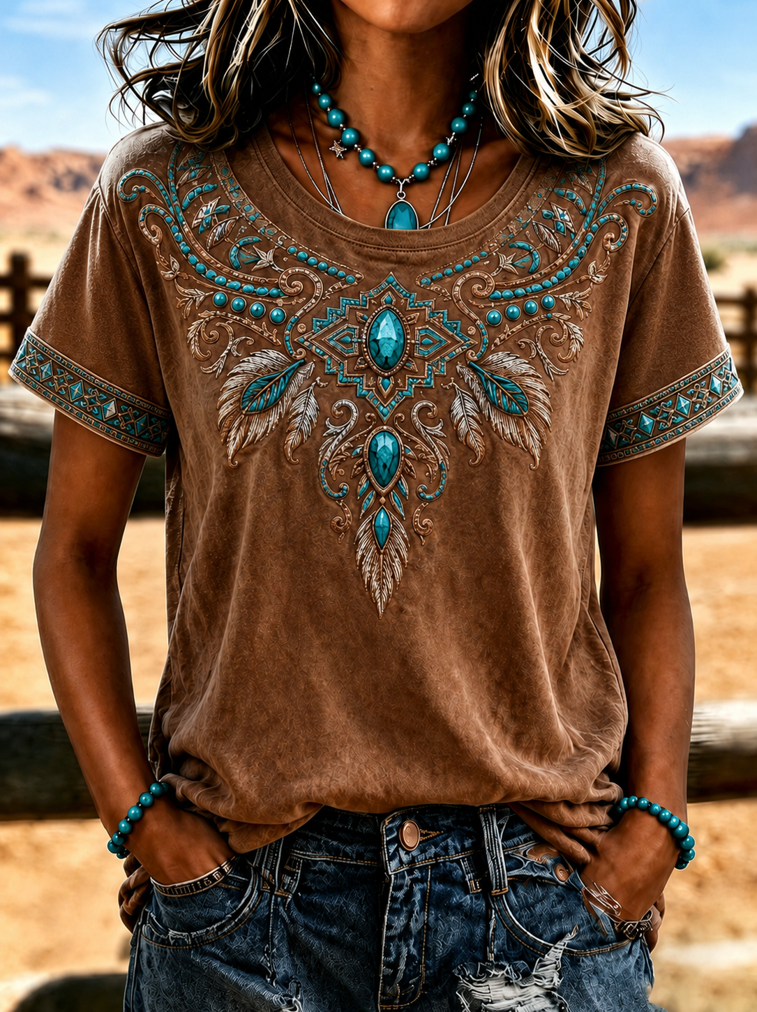 Women'S Retro Ethnic Art Printed Round Neck T-Shirt