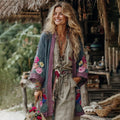 Vintage Bohemian Floral Art Embroidery Print Cotton And Linen Blend Midi-length Kimono Cardigan