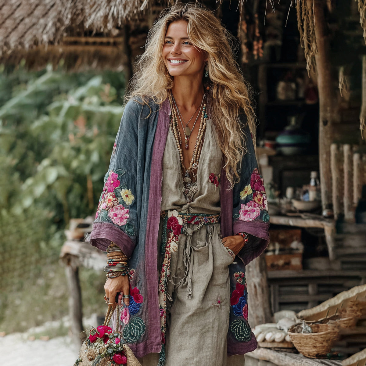Vintage Bohemian Floral Art Embroidery Print Cotton And Linen Blend Midi-length Kimono Cardigan