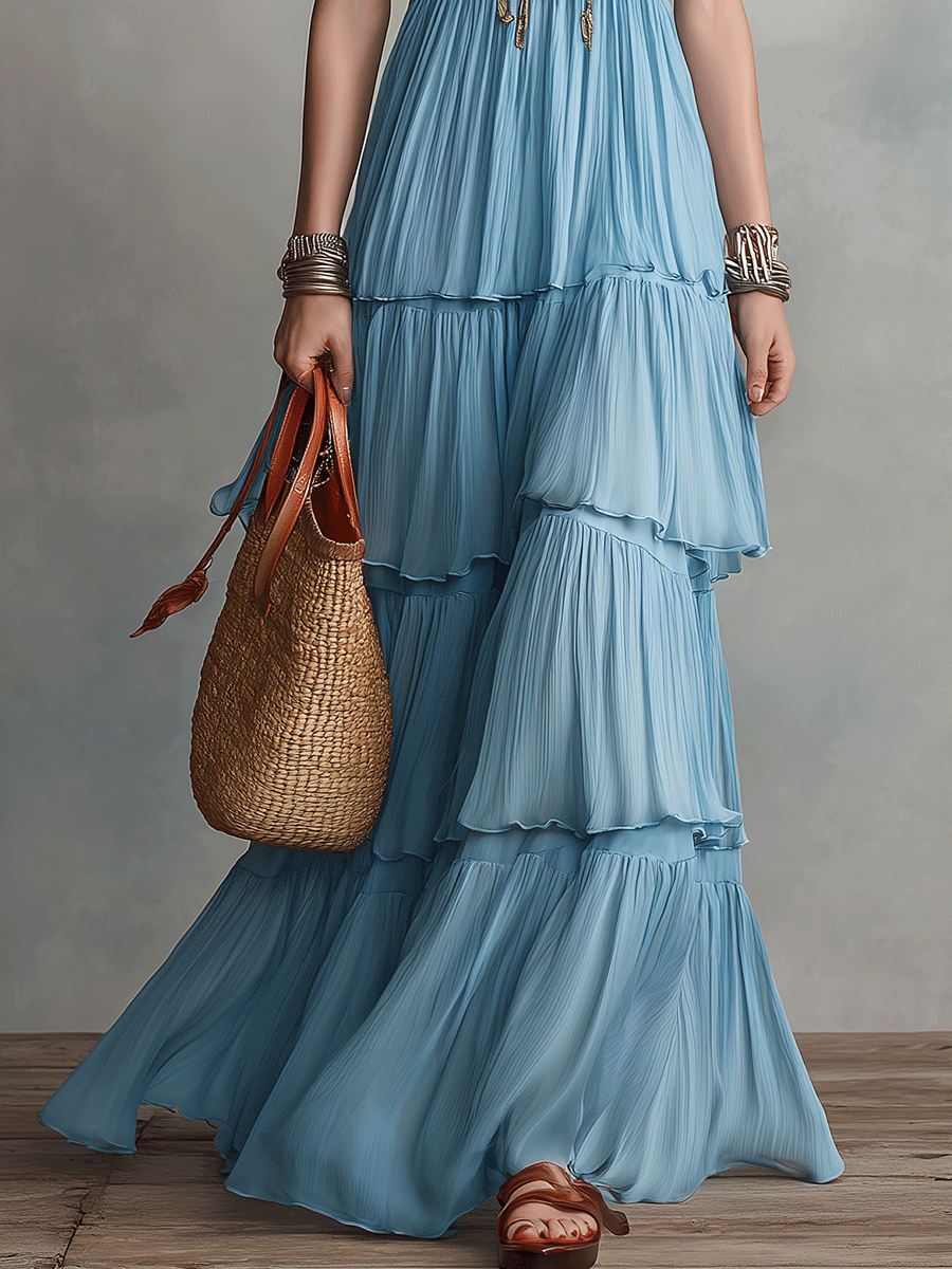 Elegant Bohemian Flowing Resort Chic Sky Blue Tiered Halter Maxi Dress