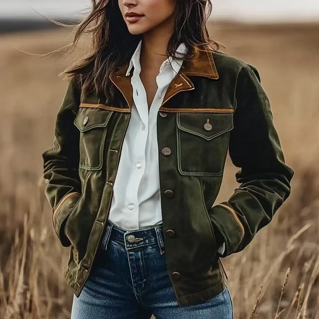 Women's Vintage Suede Colorblock Lapel Collar Jacket