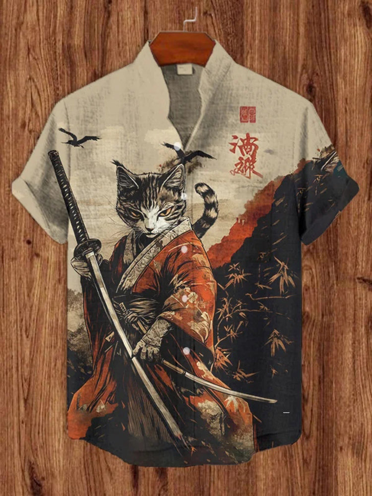 Men's Kimono Cat Long Sword Art Print Short Sleeve Shirt