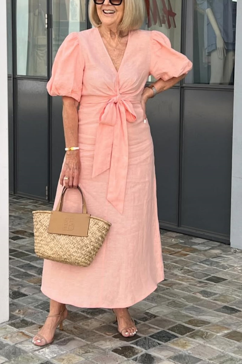 V-neck Tie-waist Puff Sleeve Cotton Dress