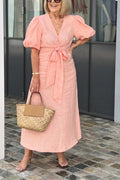 V-neck Tie-waist Puff Sleeve Cotton Dress