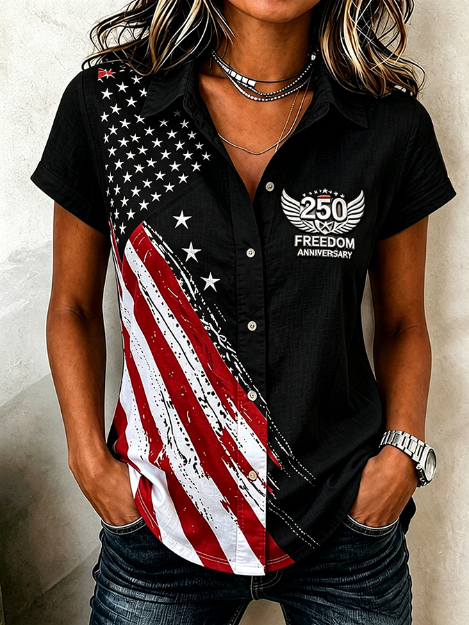 Women'S Retro Western Style Patriotic Printed Short Sleeved Shirt
