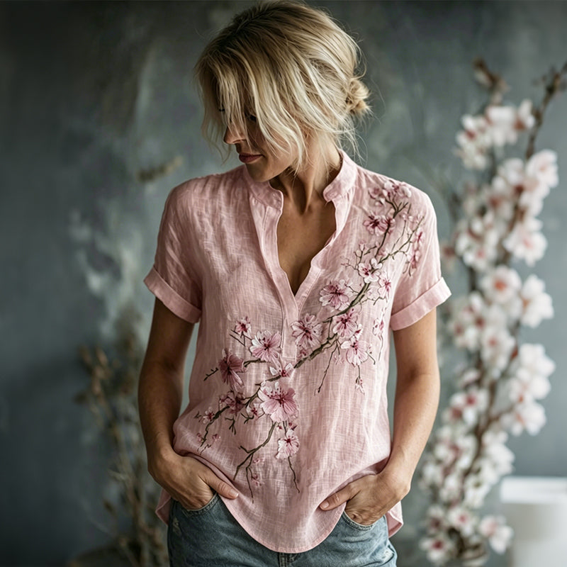 Women's Vintage Flowers Embroidered Linen Short Sleeves Shirt