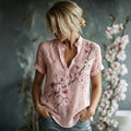 Women's Vintage Flowers Embroidered Linen Short Sleeves Shirt