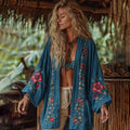 Classic Bohemian Floral Art Embroidery Print Cotton And Linen Blend Kimono Cardigan