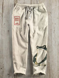 Japanese Art Angry Frog Print Linen Drawstring Trousers