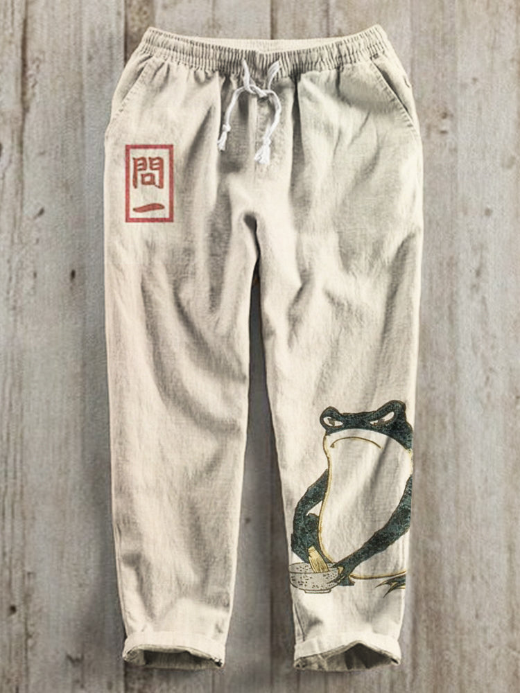 Japanese Art Angry Frog Print Linen Drawstring Trousers