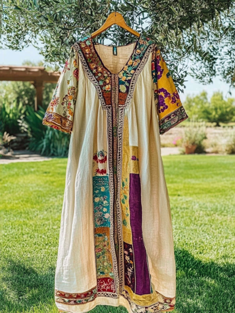 Vintage Tribal Pattern Patchwork Art Linen Short Sleeve Tank Dress