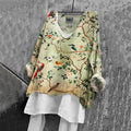 Women's Japanese Flower And Bird Art Print Loose V-neck Shirt