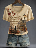 Women Fall Vintage Print Casual T-Shirt