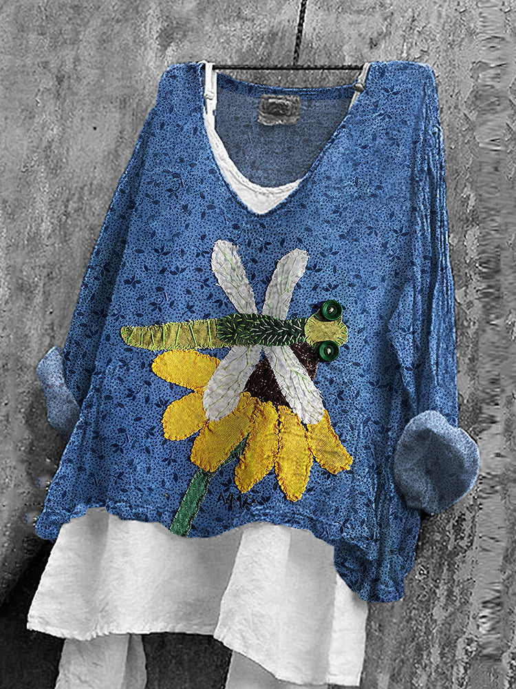Women's Dragonfly And Sunflower Art Cotton And Linen V-neck Shirt