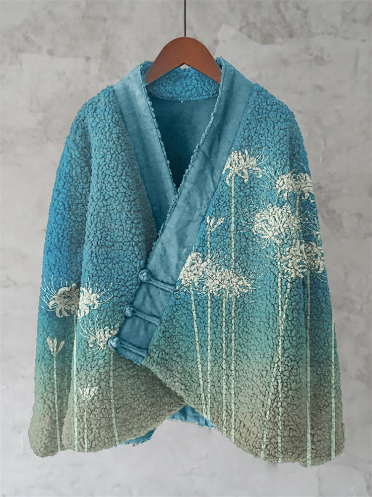 Classy Spider Lily Gradient Japanese Art Cozy Fleece Kimono Cardigan