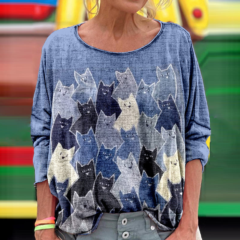 Women's Abstract Geometric Cat Art Print Vintage Linen Crew Neck T-shirt