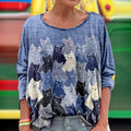 Women's Abstract Geometric Cat Art Print Vintage Linen Crew Neck T-shirt