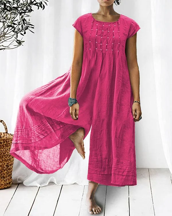Solid Relaxed Loose Pleated Linen Jumpsuit