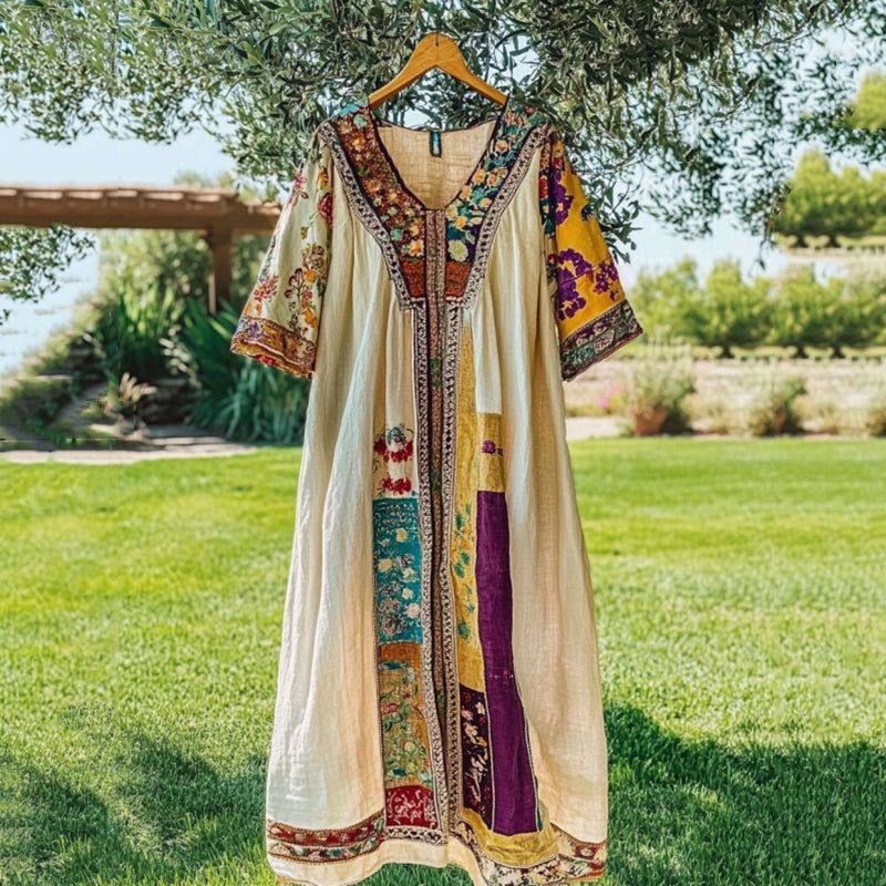 Vintage Tribal Pattern Patchwork Art Linen Short Sleeve Tank Dress