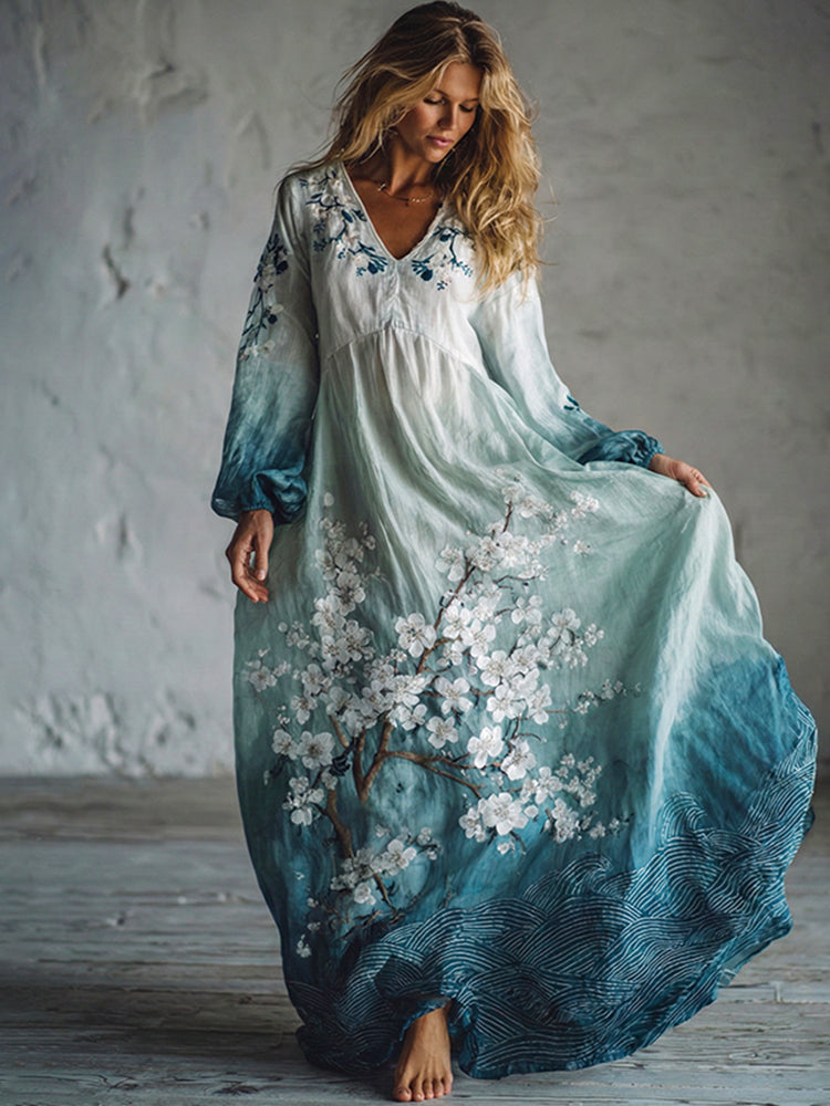 Vintage Japanese Plum Blossom Ukiyo Print Linen Blend Dress