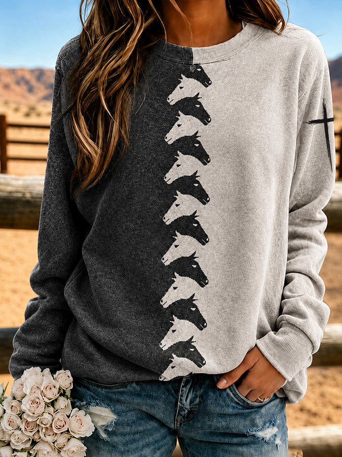 Women'S Western Style Cross Print Round Neck Sweatshirt